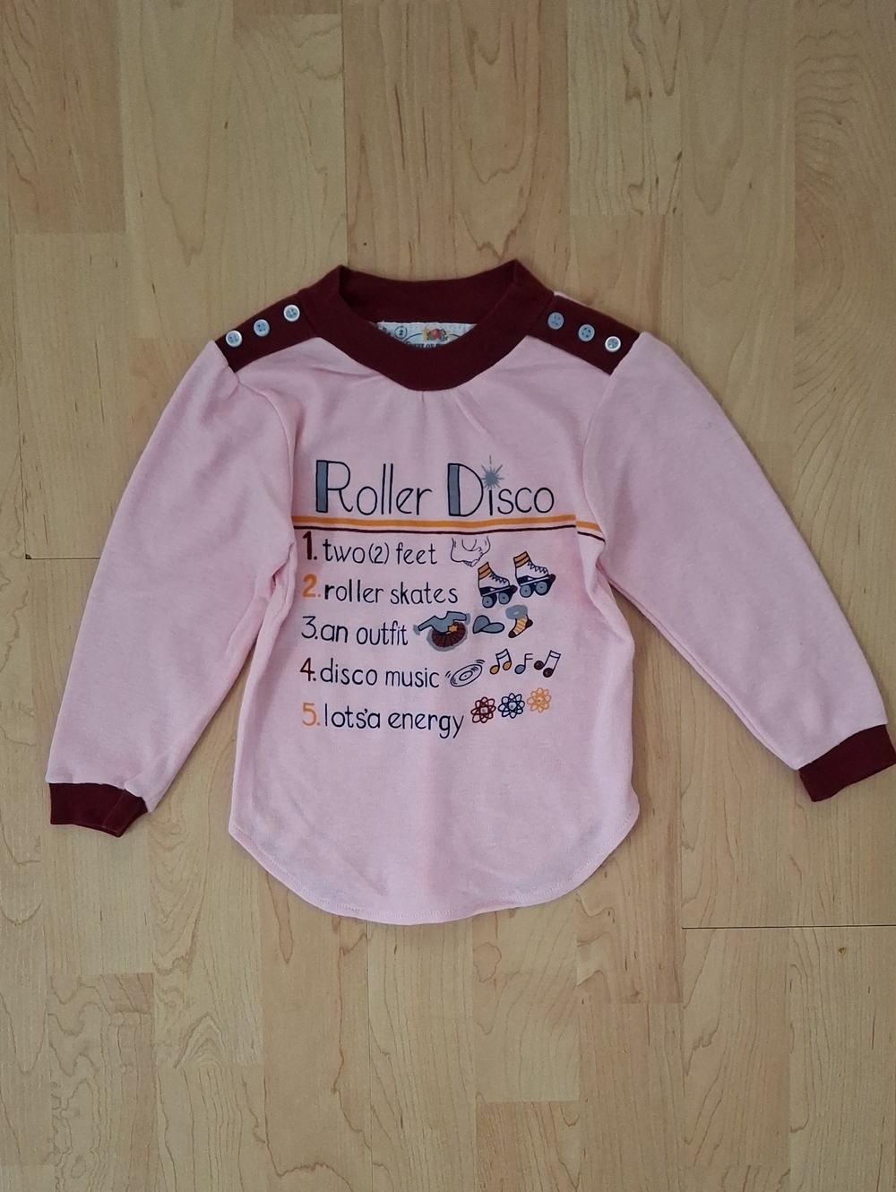 Fruit of the Loom Pink Roller Disco Long Sleeve Top Burgundy Trim Size 2